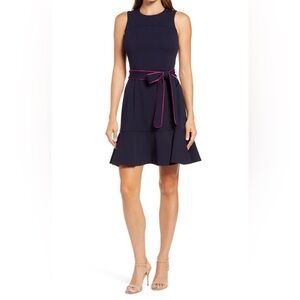 Women’s Eliza J Sleeveless Belted A-Line dress Size 6 navy with pink accents NWT